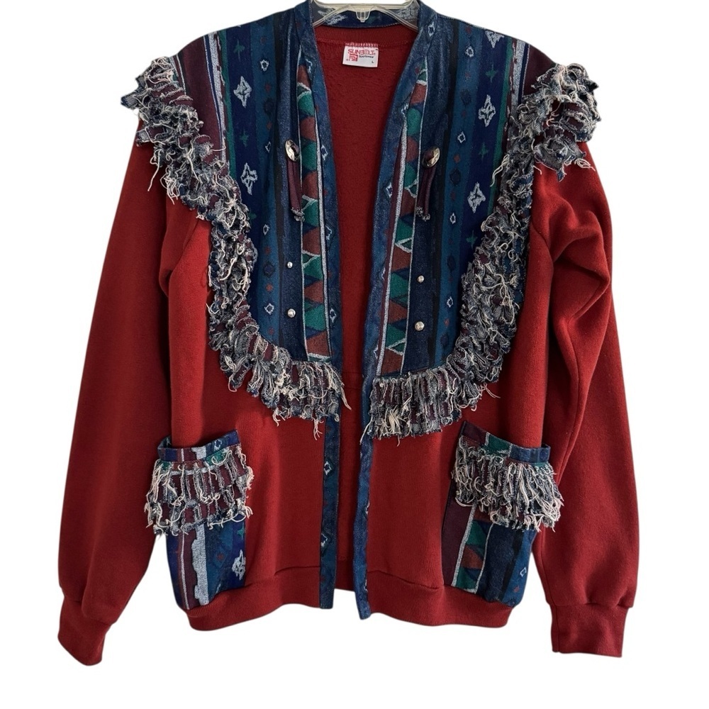 Vintage Sunbelt Sportswear Fringe Jacket Open Front Western Festival Rodeo USA L